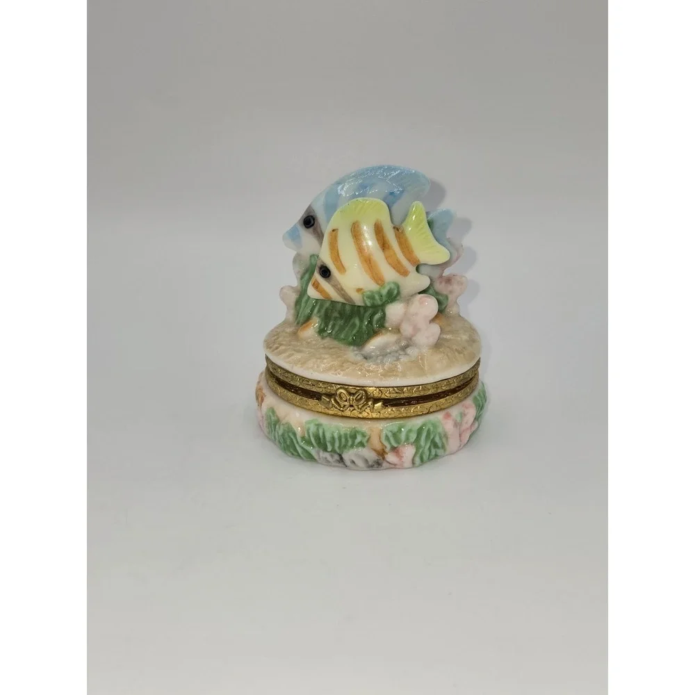 Vintage Genmore Tropical Fish Trinket Box Porcelain Hinged Keepsake Ring Box